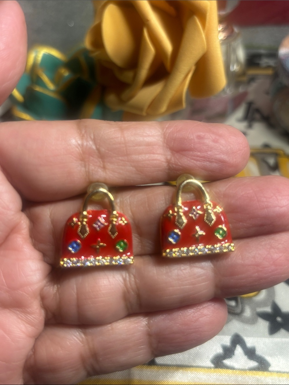 Red Mini Handbag Charm Earrings with Gold Accents